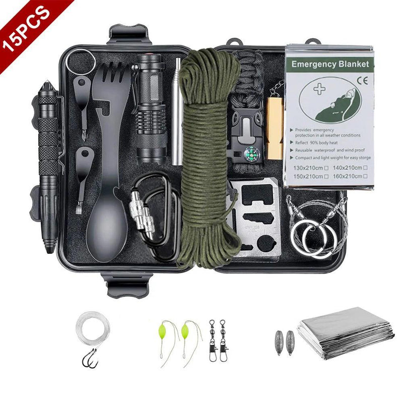 15 IN 1 Emergency Survival Kit Gear Camping Travel Multifunction Tactical Defense Equipment First Aid SOS Wilderness Adventure - Mr Útil